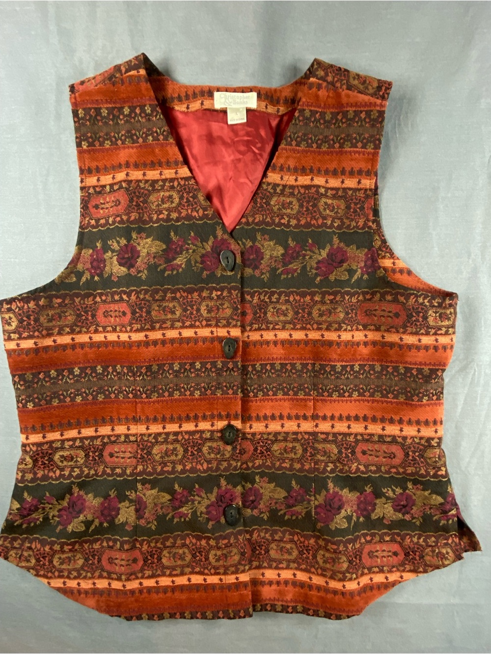 Christopher & Banks Orange and Brown Floral Stripe tapestry styButton-Front Vest